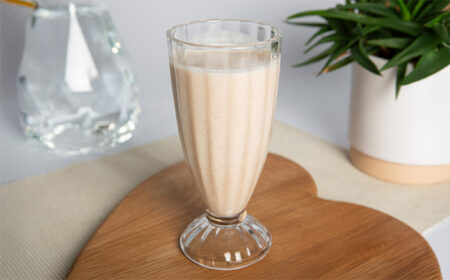 VLCD chai latte shake in a milkshake glass