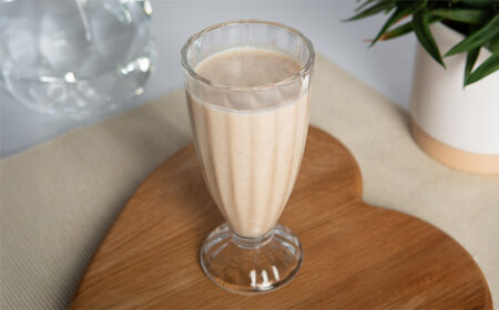 VLCD chai latte shake in a milkshake glass