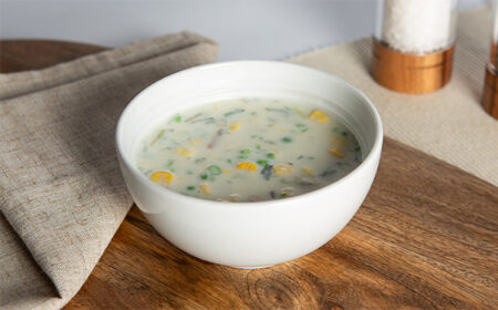 chicken and sweetcorn VLCD soup in a white bowl