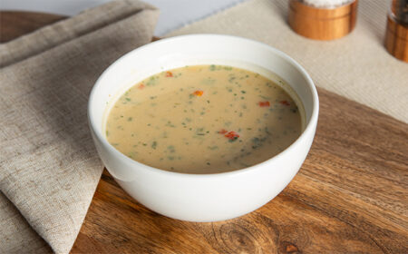 VLCD vegetable soup in a white bowl